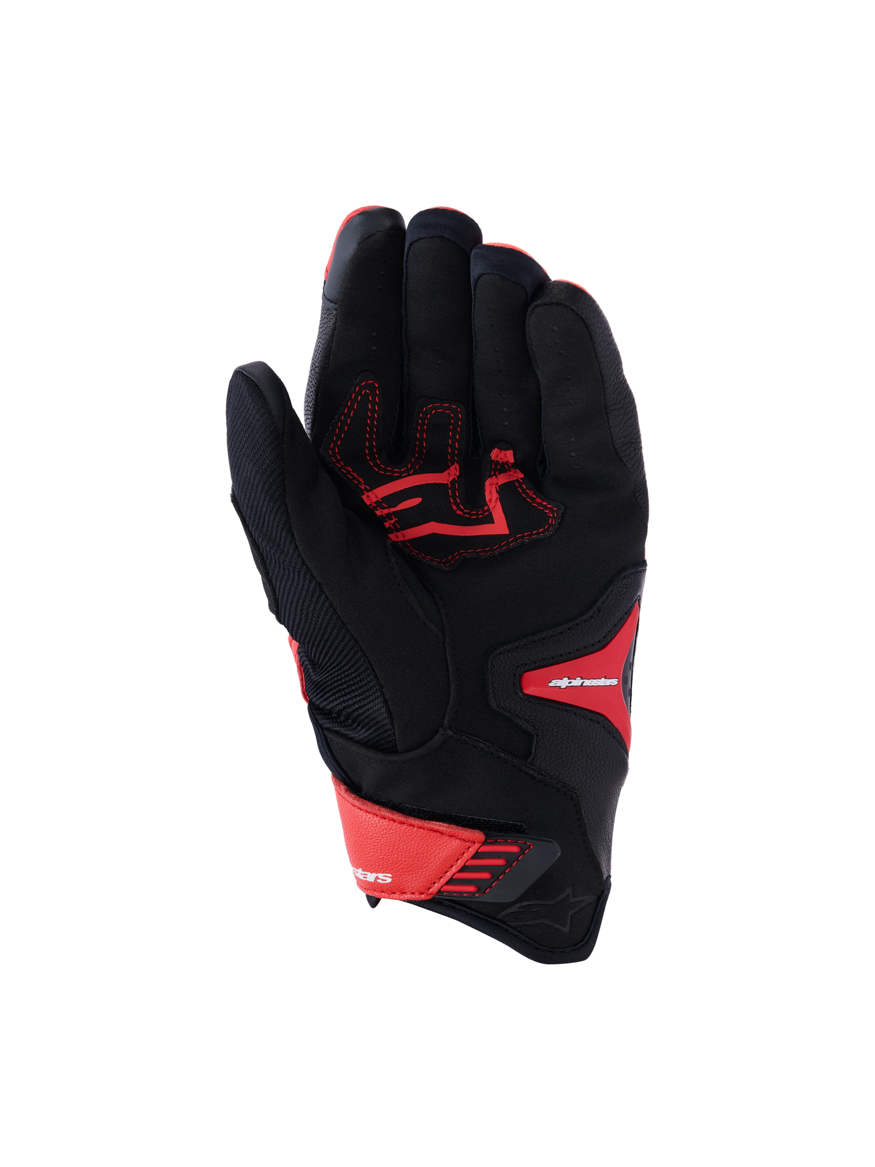 Gants Alpinestars SP-R Pro, gants de moto sport, rouge vif, rouge fluo et noir, vue de la paume montrant la paume en cuir renforcé avec coutures contrastées rouges, châssis en textile et fermeture de poignet réglable.