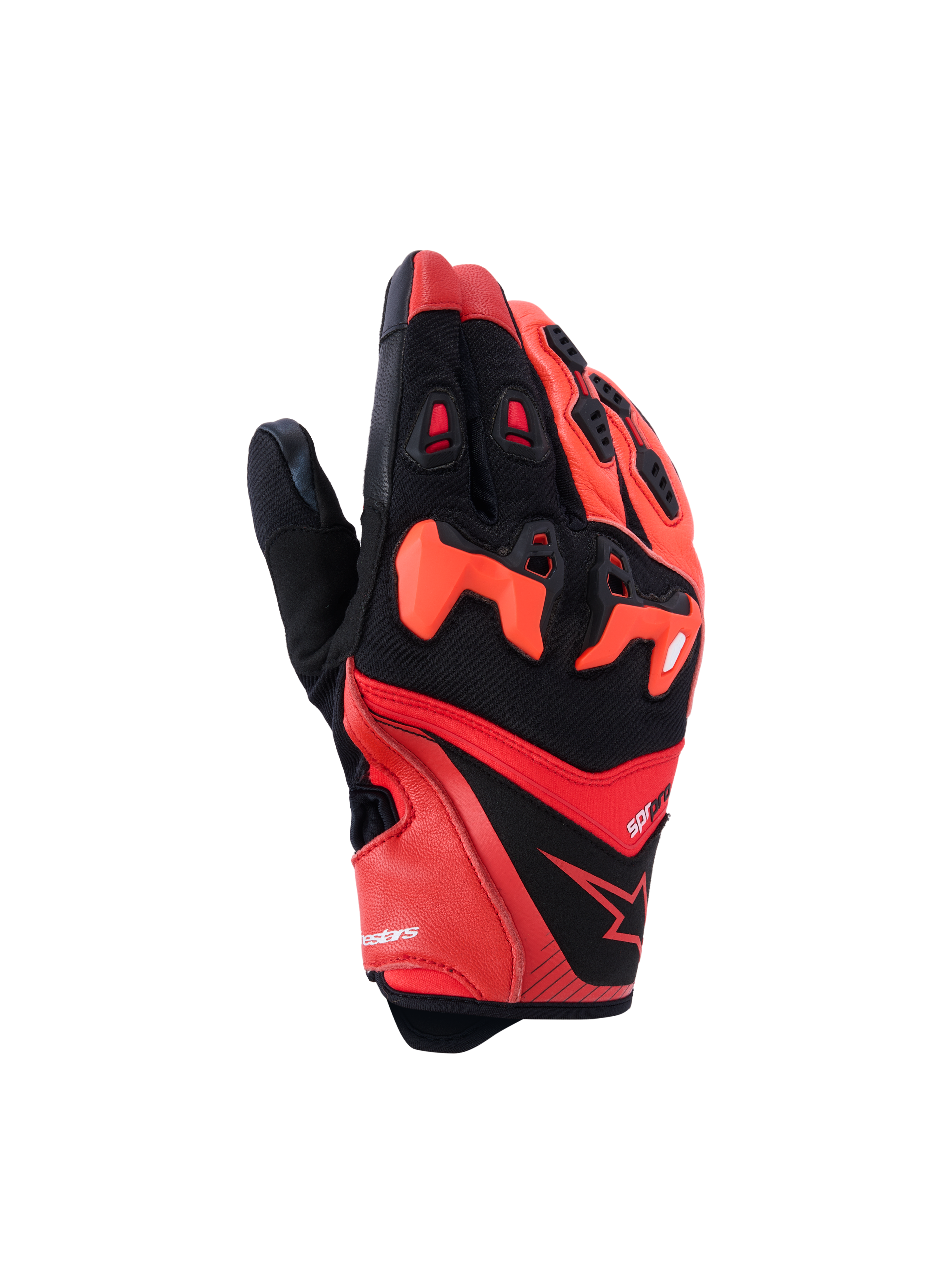 Gants Alpinestars SP-R Pro, gants de moto sport, rouge vif, rouge fluo et noir, dotés d'une protection de jointure en TPU divisée, de doigts en cuir perforé pour la ventilation et d'un design élégant en cuir de chèvre et textile avec le logo étoile Alpinestars.