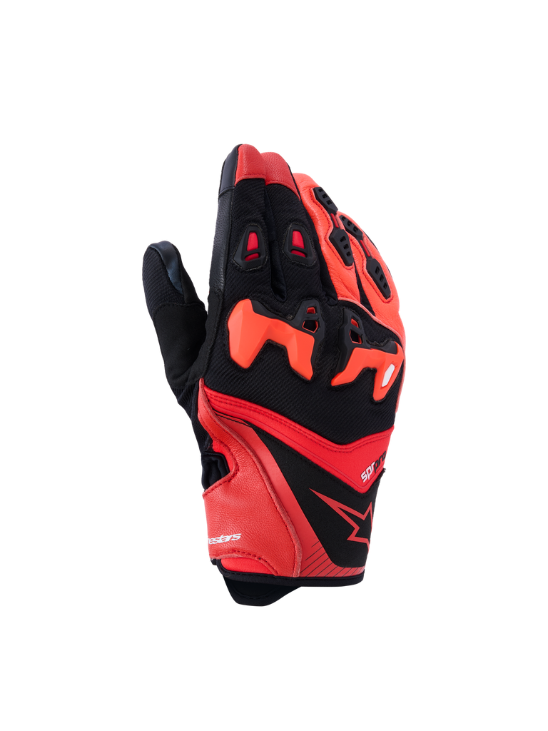 Gants Alpinestars SP-R Pro, gants de moto sport, rouge vif, rouge fluo et noir, dotés d'une protection de jointure en TPU divisée, de doigts en cuir perforé pour la ventilation et d'un design élégant en cuir de chèvre et textile avec le logo étoile Alpinestars.