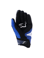 Gants Alpinestars SP-R Pro, vue de la paume, bleu vif marine et blanc, avec paume en cuir synthétique noir et logo Alpinestars blanc, manchette courte avec sangle de fermeture velcro et sections de préhension renforcées.