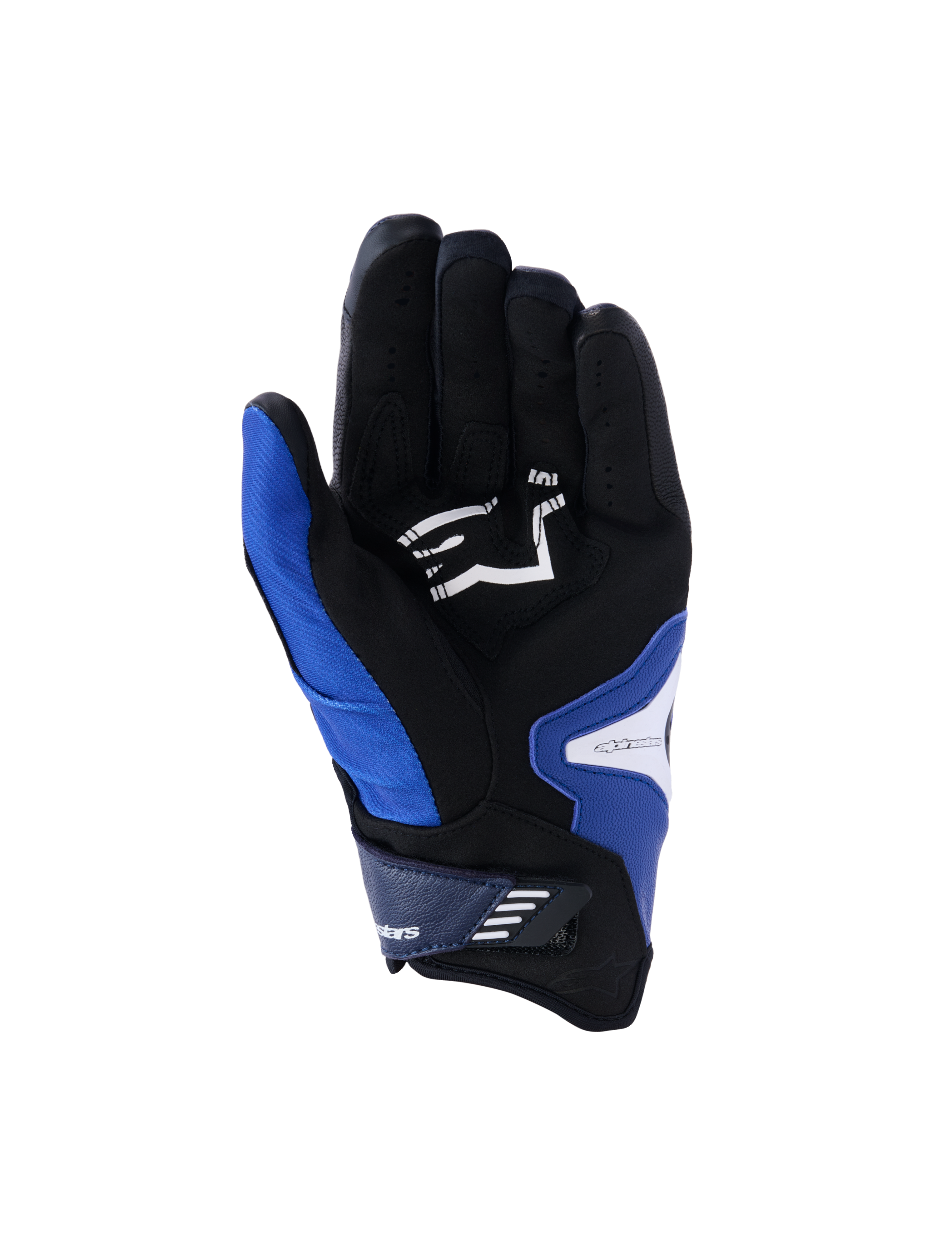 Gants Alpinestars SP-R Pro, vue de la paume, bleu vif marine et blanc, avec paume en cuir synthétique noir et logo Alpinestars blanc, manchette courte avec sangle de fermeture velcro et sections de préhension renforcées.