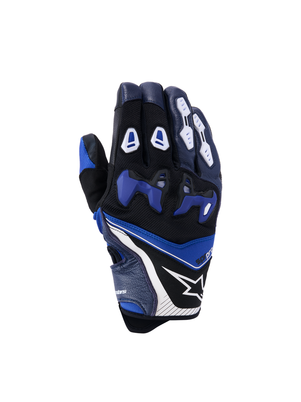 Gants Alpinestars SP-R Pro, gants de moto de course, bleu vif, bleu marine et blanc, vue du dos avec protection des articulations en TPU divisé bleu, protections de doigts blanches, logo étoile Alpinestars et manchette courte