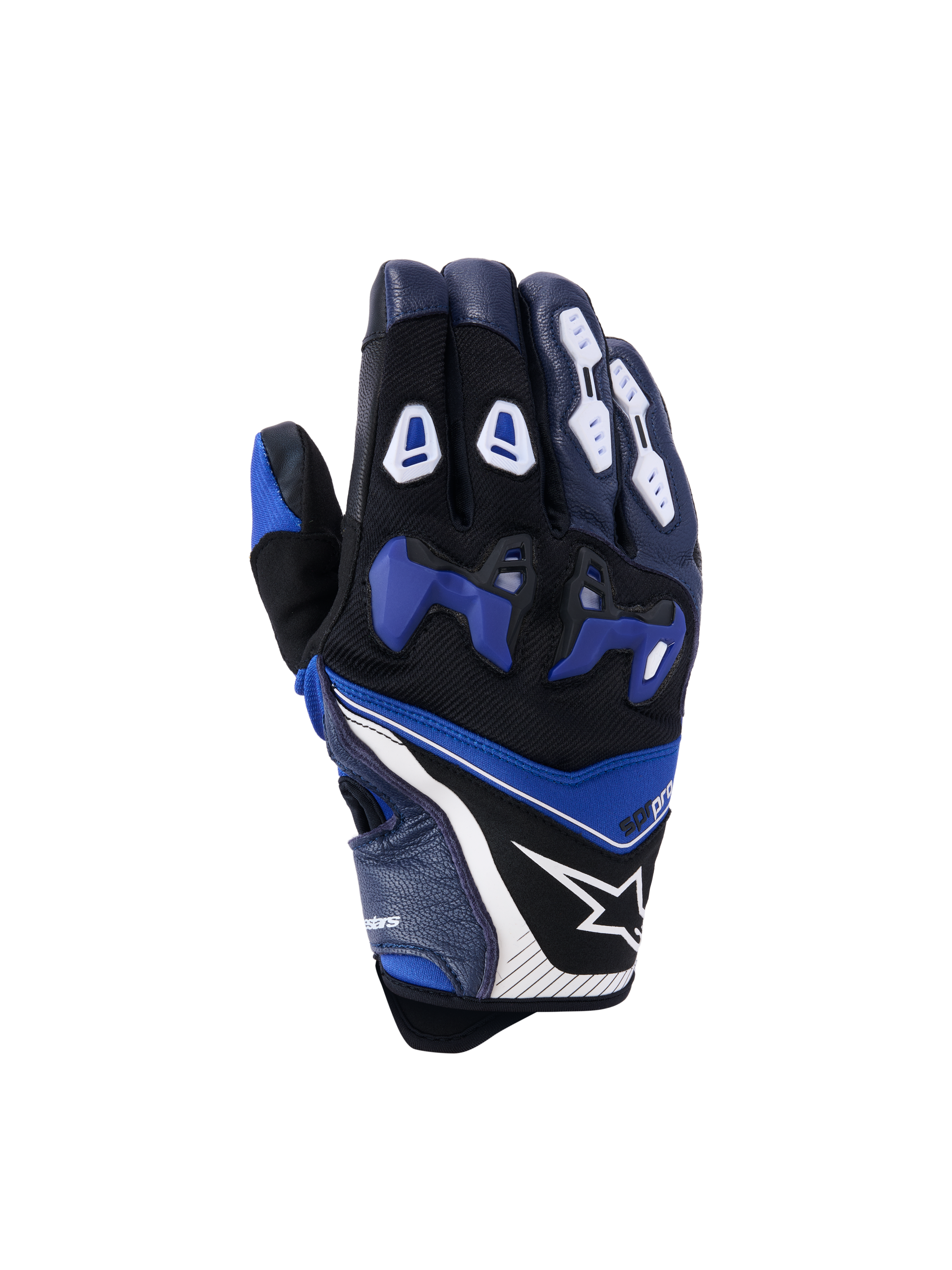 Gants Alpinestars SP-R Pro, gants de moto de course, bleu vif, bleu marine et blanc, vue du dos avec protection des articulations en TPU divisé bleu, protections de doigts blanches, logo étoile Alpinestars et manchette courte