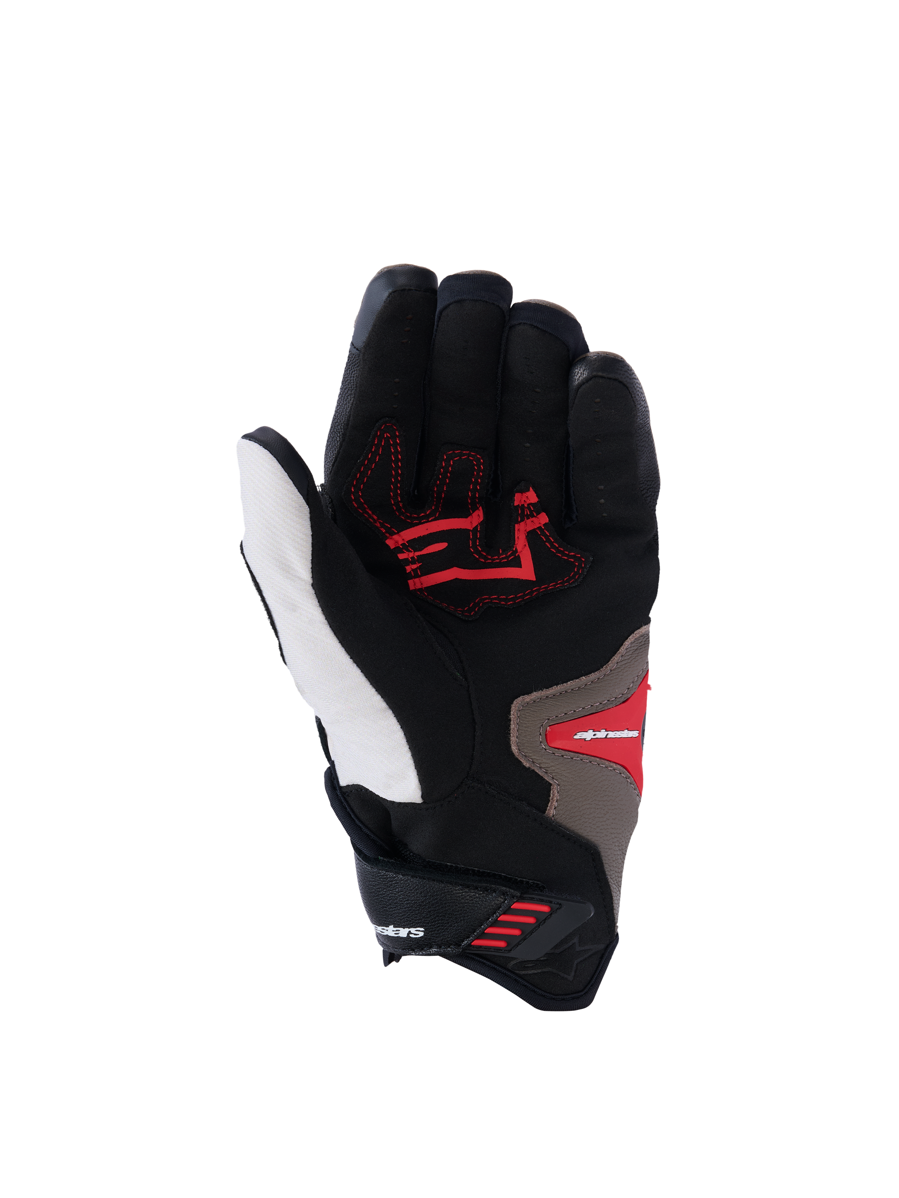 Gants Alpinestars SP-R Pro, vue de la paume, coloris Walnut Mastic Black, avec inserts de préhension rouges sur une base noire et blanche avec des accents mastic, gants de moto sport à manchette courte avec paume renforcée et design ergonomique.