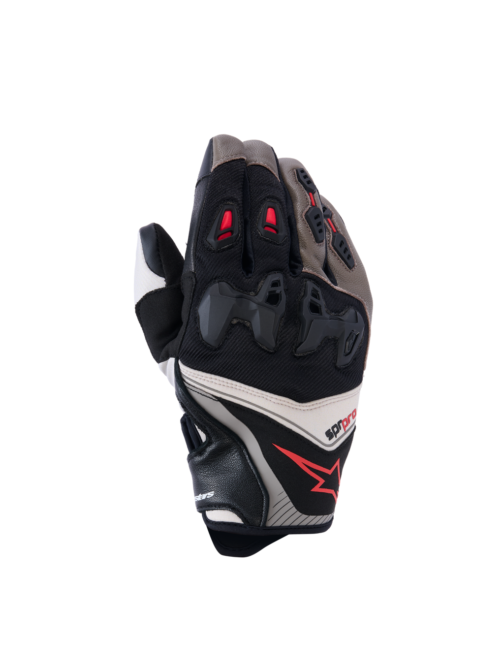Gants Alpinestars SP-R Pro, gants de course moto, noyer, mastic et noir avec accents rouges, dotés d'une protection d'articulation divisée, construction en cuir et textile, design sportif haute performance