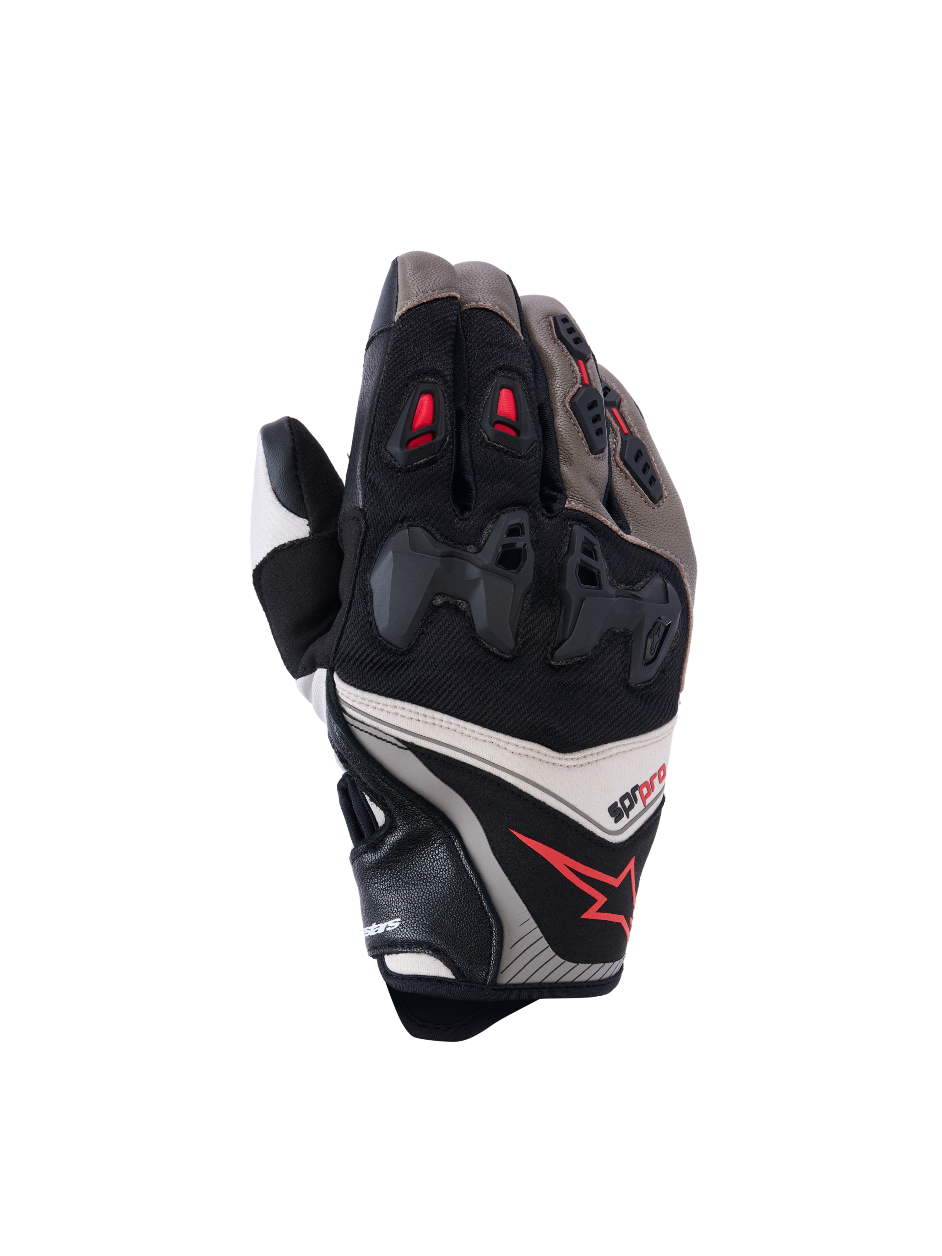 Gants Alpinestars SP-R Pro, gants de course moto, noyer, mastic et noir avec accents rouges, dotés d'une protection d'articulation divisée, construction en cuir et textile, design sportif haute performance