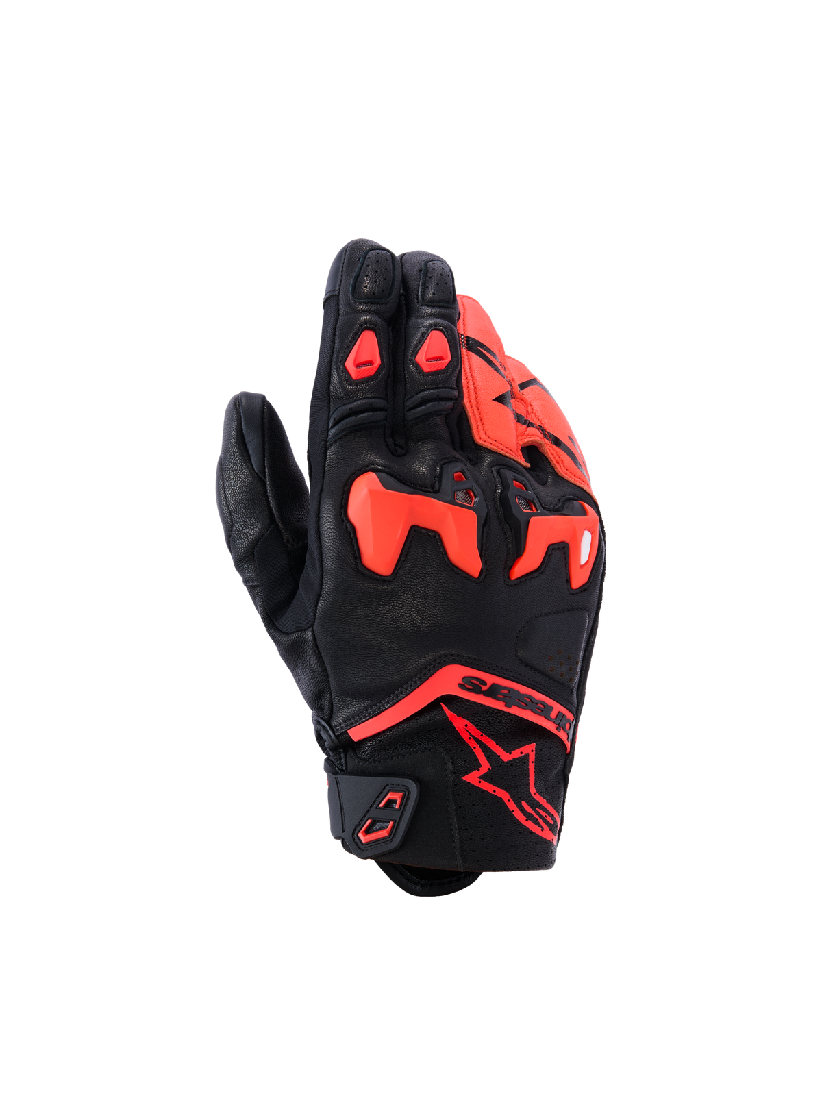Gants Alpinestars SP-R Tech, gants de moto à manchette courte, noir et rouge fluo, avec protection d'articulation en TPU divisée, cuir de chèvre de qualité supérieure et logo étoile Alpinestars sur le poignet