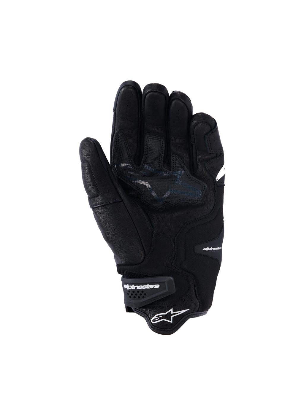 Gants Alpinestars SP-R Tech, gants de moto en cuir noir, vue de la paume montrant les zones de préhension renforcées et le logo étoile, poignet élastiqué avec logo Alpinestars, équipement de conduite sportive avec construction en cuir de chèvre