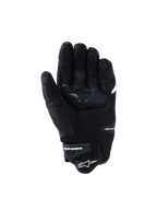 Gants Alpinestars SP-R Tech, gants de moto en cuir noir, vue de la paume montrant les zones de préhension renforcées et le logo étoile, poignet élastiqué avec logo Alpinestars, équipement de conduite sportive avec construction en cuir de chèvre