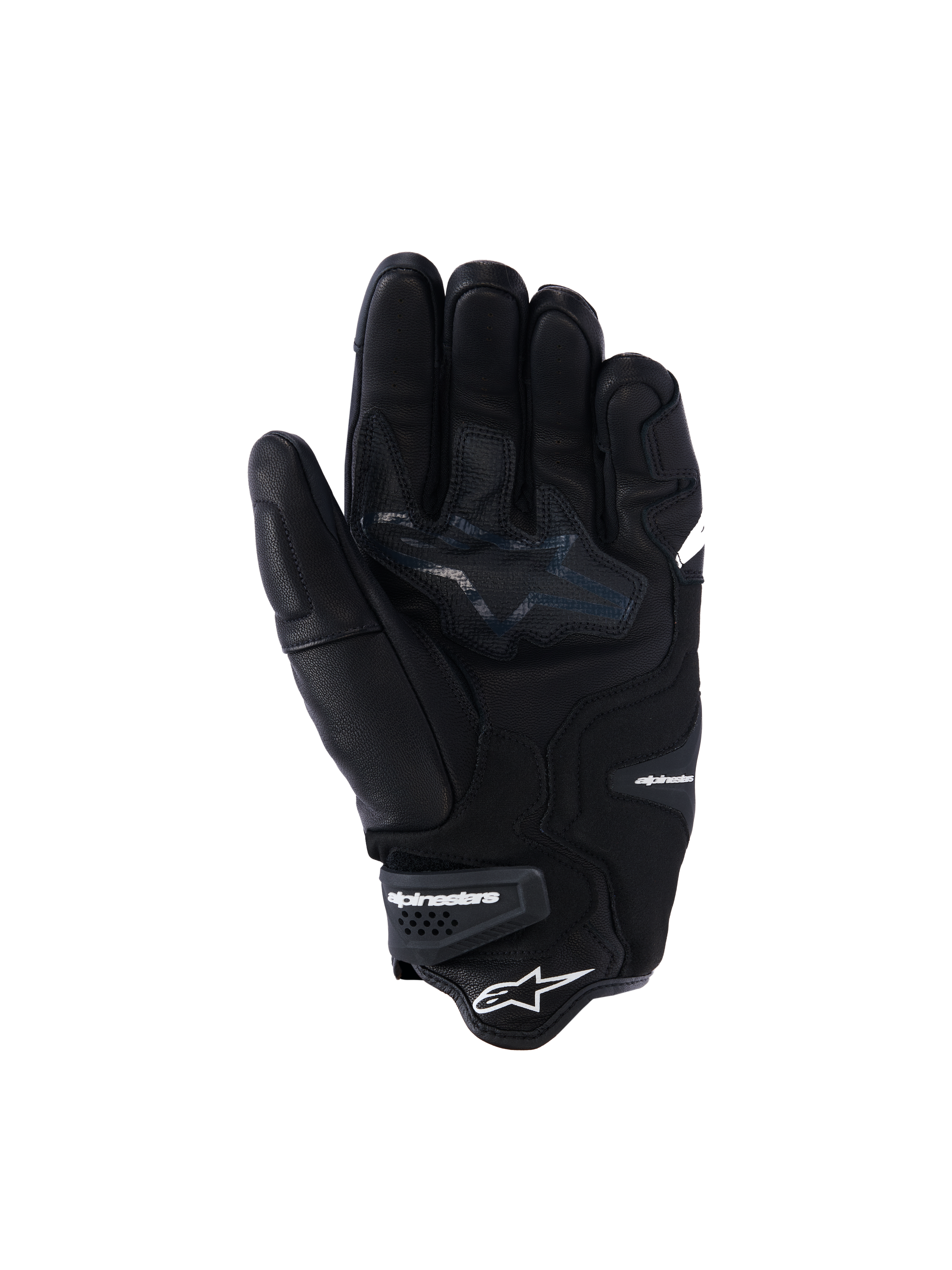 Gants Alpinestars SP-R Tech, gants de moto en cuir noir, vue de la paume montrant les zones de préhension renforcées et le logo étoile, poignet élastiqué avec logo Alpinestars, équipement de conduite sportive avec construction en cuir de chèvre