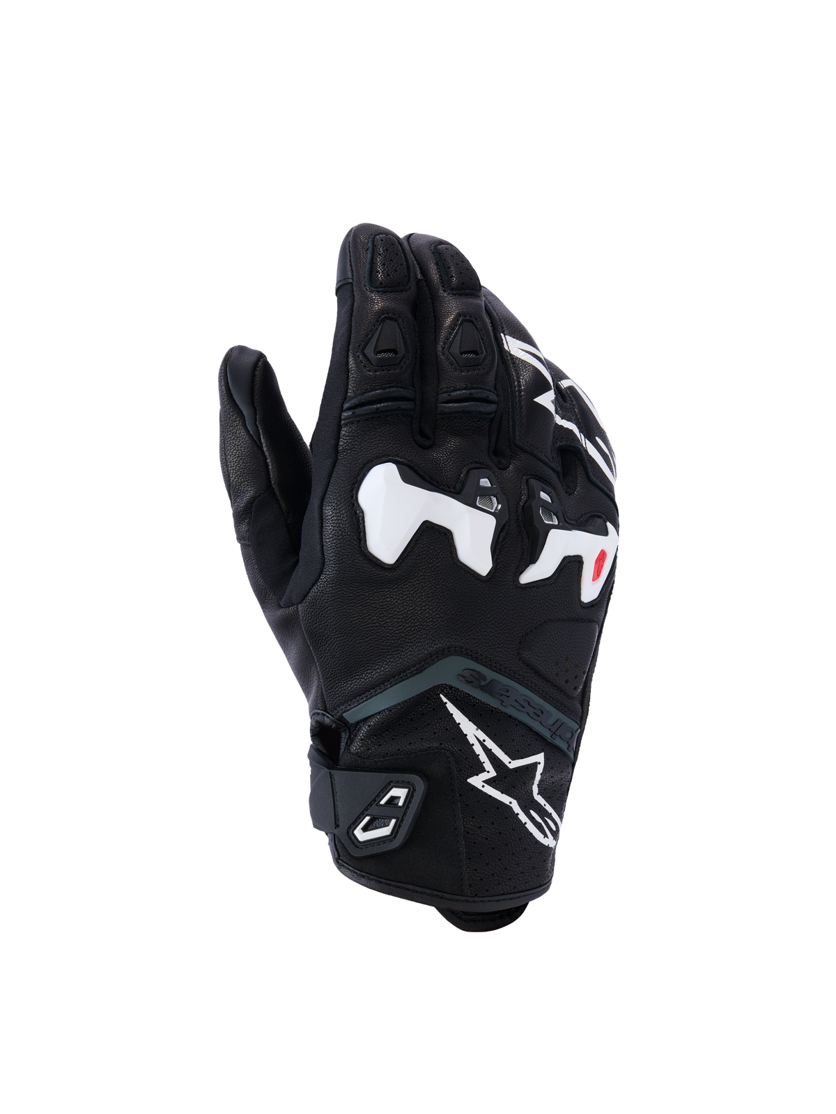 Gants Alpinestars SP-R Tech, gants de moto de course, noirs avec accents blancs et rouges, protection renforcée des articulations, surface texturée avec doigts rembourrés, sangle de poignet Velcro, design sportif moderne