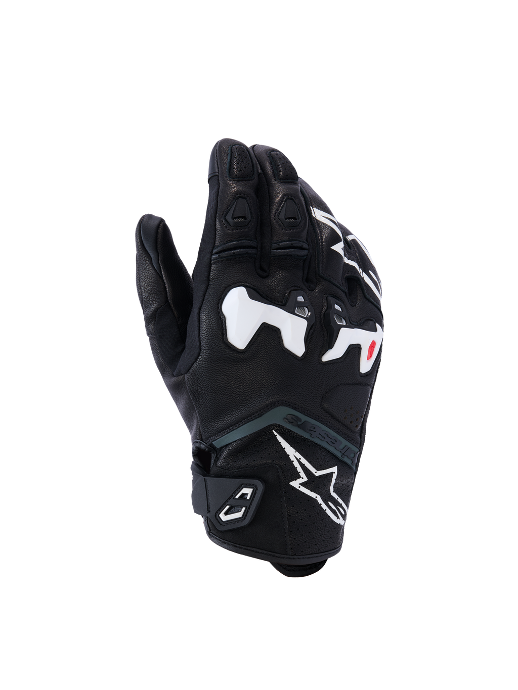 Gants Alpinestars SP-R Tech, gants de moto de course, noirs avec accents blancs et rouges, protection renforcée des articulations, surface texturée avec doigts rembourrés, sangle de poignet Velcro, design sportif moderne