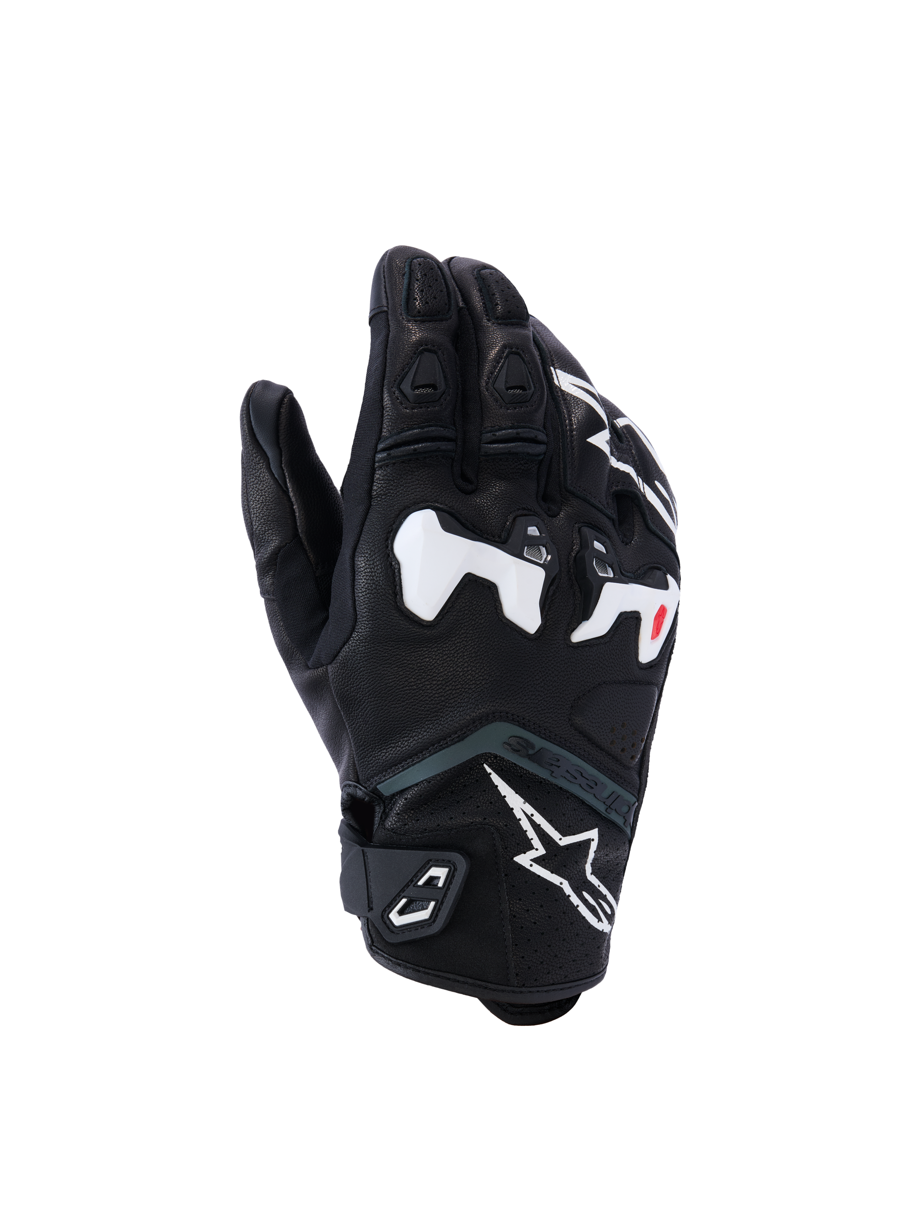 Gants Alpinestars SP-R Tech, gants de moto de course, noirs avec accents blancs et rouges, protection renforcée des articulations, surface texturée avec doigts rembourrés, sangle de poignet Velcro, design sportif moderne