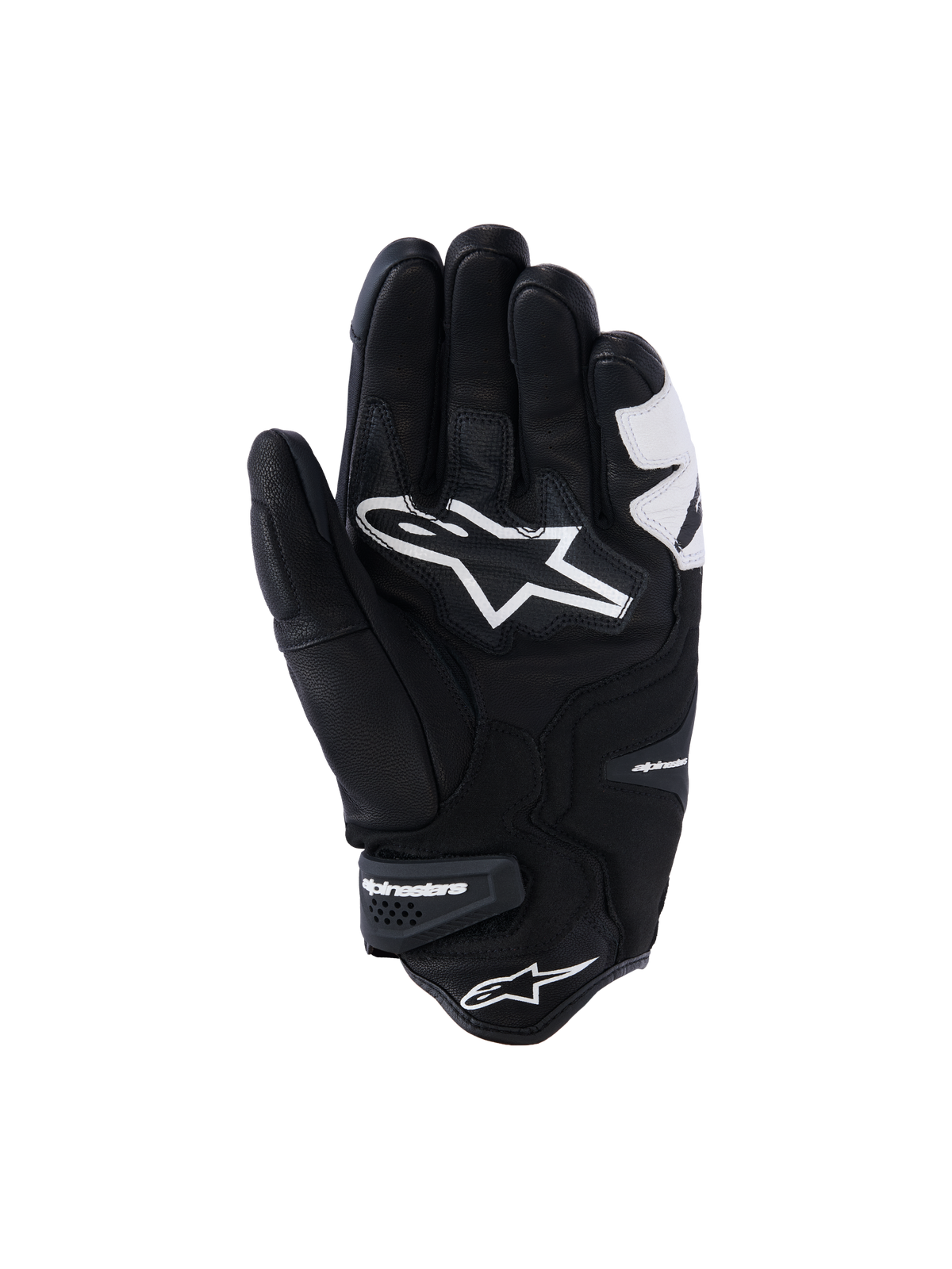 Gants Alpinestars SP-R Tech, noir et blanc, vue de la paume montrant une construction en cuir renforcé, grand logo Alpinestars blanc sur la paume, et manchette courte avec sangle velcro de la marque, gants de moto de sport et de course