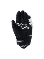 Gants Alpinestars SP-R Tech, noir et blanc, vue de la paume montrant une construction en cuir renforcé, grand logo Alpinestars blanc sur la paume, et manchette courte avec sangle velcro de la marque, gants de moto de sport et de course