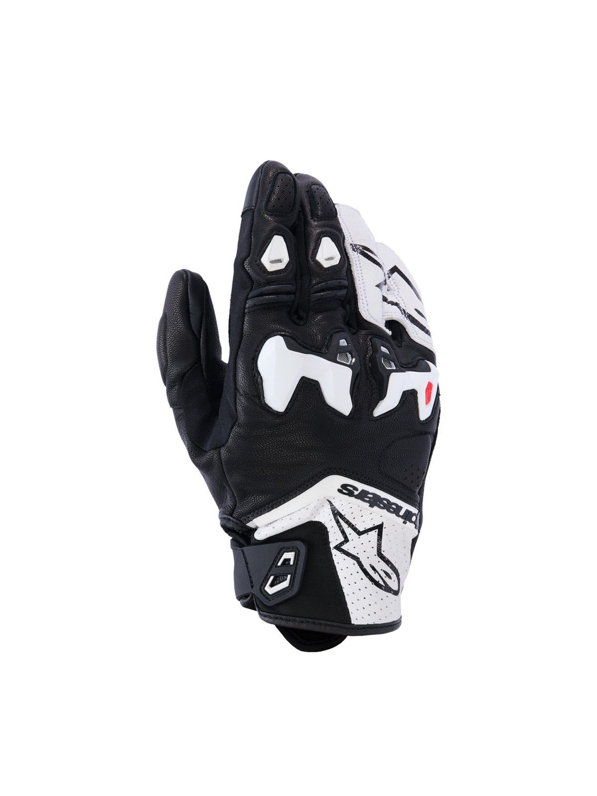 Gants Alpinestars SP-R Tech, gants de moto de course, noirs et blancs, dotés d'une protection d'articulations divisée en TPU blanc, construction en cuir perforé, logo Alpinestars sur la manchette et accents rouges sur les doigts, design sport à manchette courte.