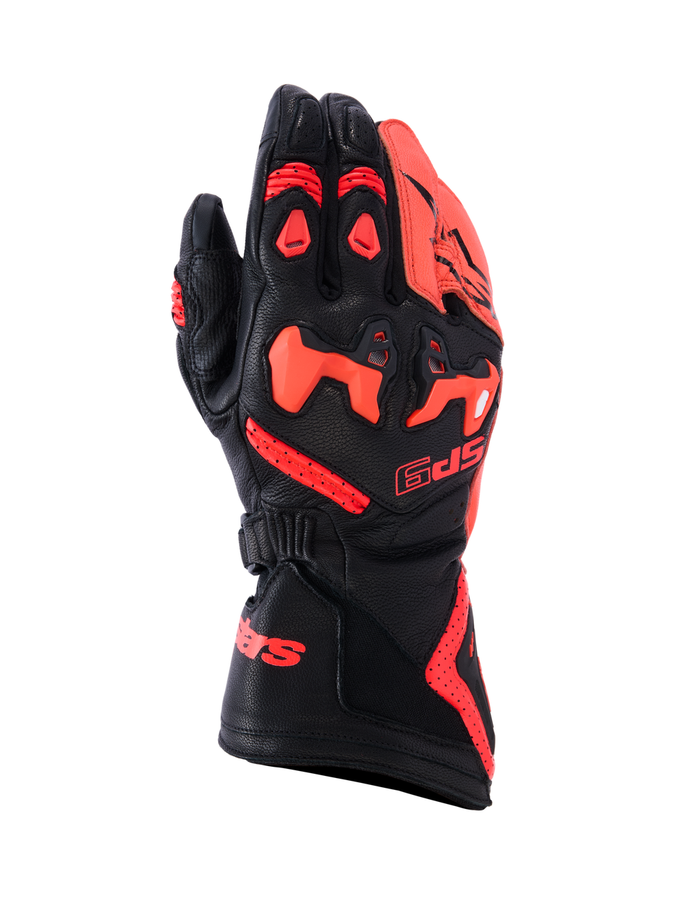 Gants Alpinestars SP-9, gants de moto racing et sport, noir et rouge fluo, conception en cuir de chèvre pleine fleur avec protection des articulations SP-R divisée en TPU, dos de la main perforé pour la circulation de l'air, manchette longue avec logo rouge, équipement de protection haute performance pour la conduite sportive.