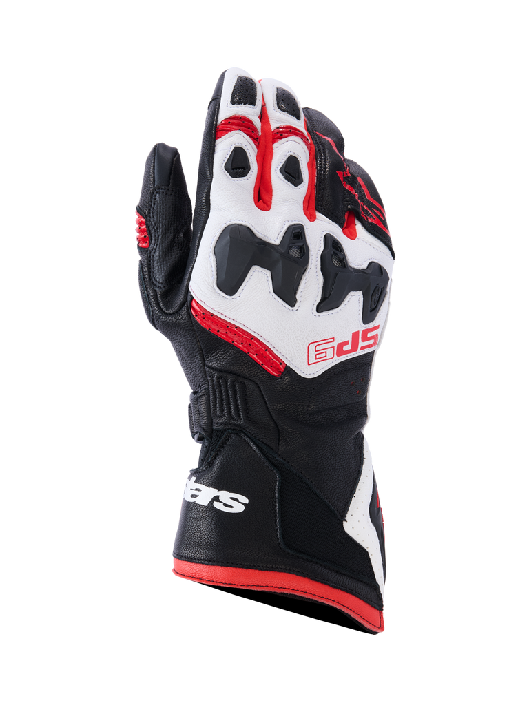 Gants Alpinestars SP-9, gants de course moto, noir, blanc et rouge vif, dotés d'une protection d'articulation divisée SP-R, cuir de chèvre perforé, marquage SP-9 rouge sur le dos de la main et logo blanc sur la manchette longue à double fermeture.