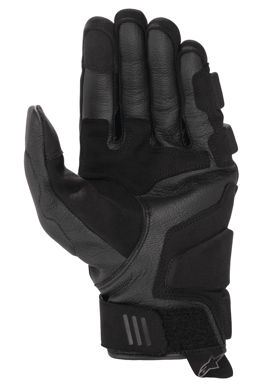 Gants en cuir Alpinestars Phenom, gants de moto, noirs, vue de la paume montrant la construction en cuir de chèvre renforcé, les zones d'atterrissage rembourrées et la manchette courte avec sangle de réglage au poignet et languette de tirage avec logo Alpinestars