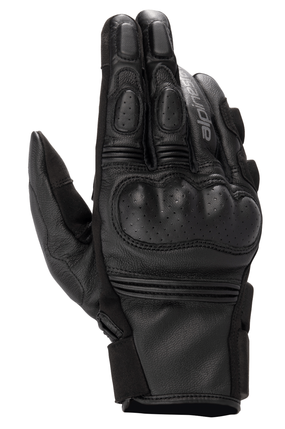 Alpinestars Phenom Leather Gloves, gants de moto, noir, vue de dessus, protection rigide et perforée des articulations, doigts renforcés, inserts extensibles en accordéon et construction en cuir de chèvre de qualité supérieure