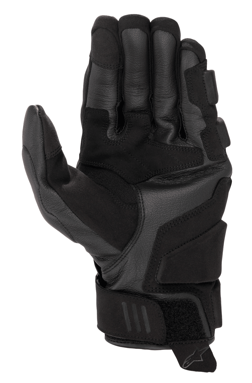 Gants en cuir Alpinestars Phenom, gants de moto, noir, vue de la paume et de profil montrant la construction en cuir de chèvre premium, zones de renfort latérales et de réception, manchette courte avec fermeture auto-agrippante, bouts des doigts compatibles avec les écrans tactiles, équipement de performance sportive
