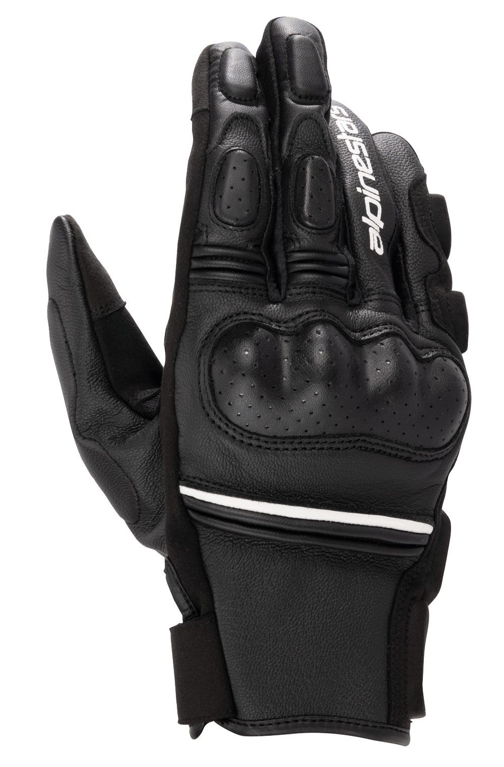 Gants en cuir Alpinestars Phenom, noir et blanc, gants de moto à manchette courte avec protection rigide des articulations, détails en cuir perforé, logo Alpinestars blanc sur l'index et liseré blanc au poignet