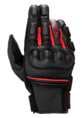 Alpinestars Phenom Leather Gloves, Motorcycle Racing Gloves, Black and Bright Red, perforated hard knuckle guard, premium goat leather construction, red accordion stretch inserts, and Alpinestars branding on the side.