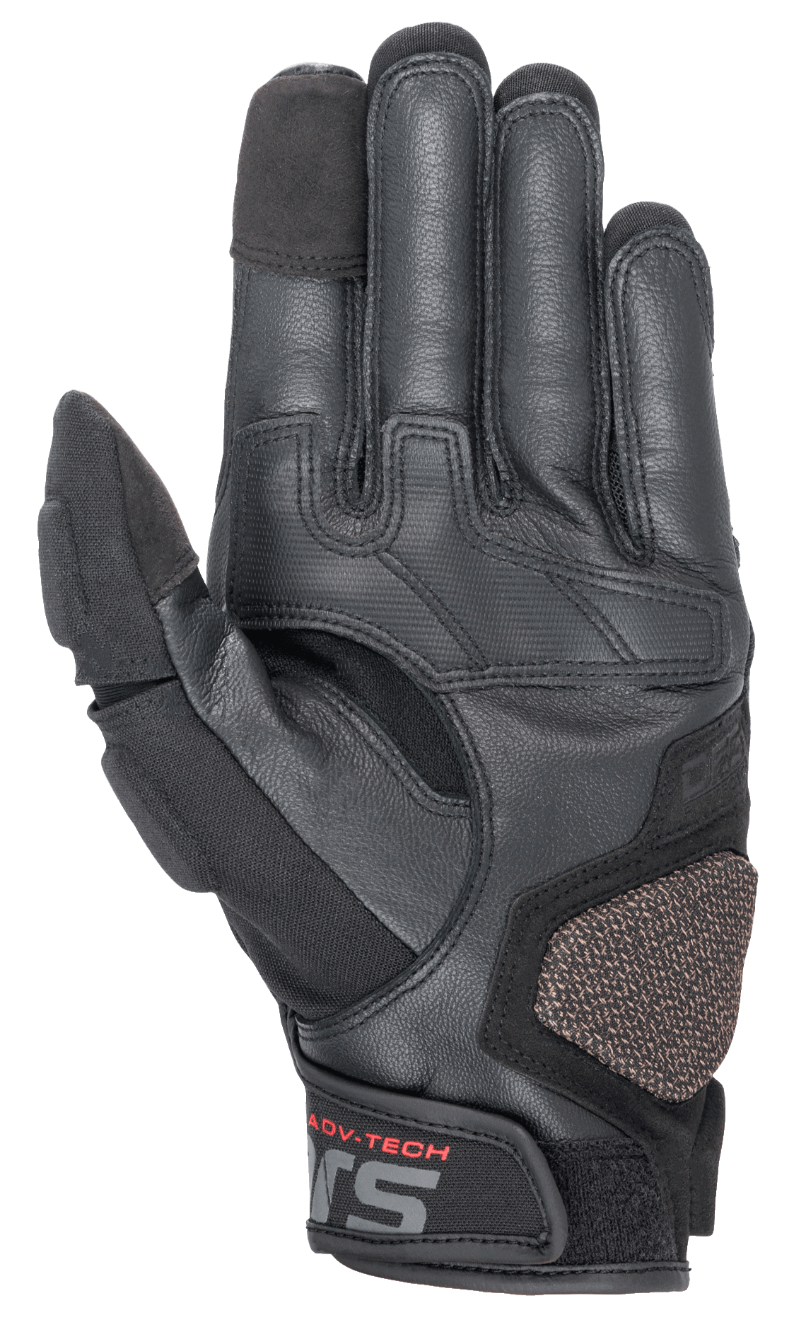 Alpinestars Halo Leather Gloves, Adventure Motorcycle Gloves, Black, palm-side view showing leather and textile construction, reinforced ARshield landing pad, rubber grip, and touchscreen fingertips