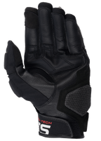 Gants en cuir Alpinestars Halo, gants de moto, noir, vue de la paume avec cuir renforcé et grip en caoutchouc, zone d'atterrissage texturée et manchette courte avec logo Alpinestars blanc, équipement de touring aventure