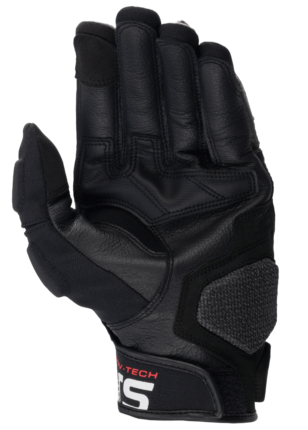 Gants en cuir Alpinestars Halo, gants de moto, noir, vue de la paume avec cuir renforcé et grip en caoutchouc, zone d'atterrissage texturée et manchette courte avec logo Alpinestars blanc, équipement de touring aventure