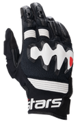 Gants en cuir Alpinestars Halo, gants de moto pour l'aventure, noir et blanc, avec un large protège-articulation blanc sur-injecté, des panneaux en cuir perforé pour la ventilation et une manchette courte avec marquage blanc audacieux.