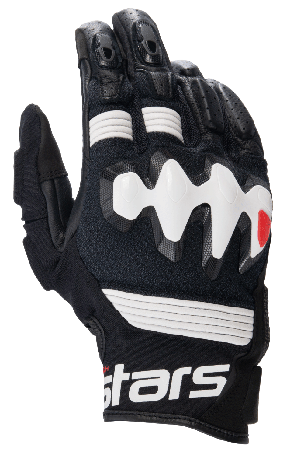 Alpinestars Halo Leather Gloves, Adventure Motorcycle Gloves, Black and White, featuring a large white over-injected knuckle protector, perforated leather panels for airflow, and a short cuff with bold white branding.