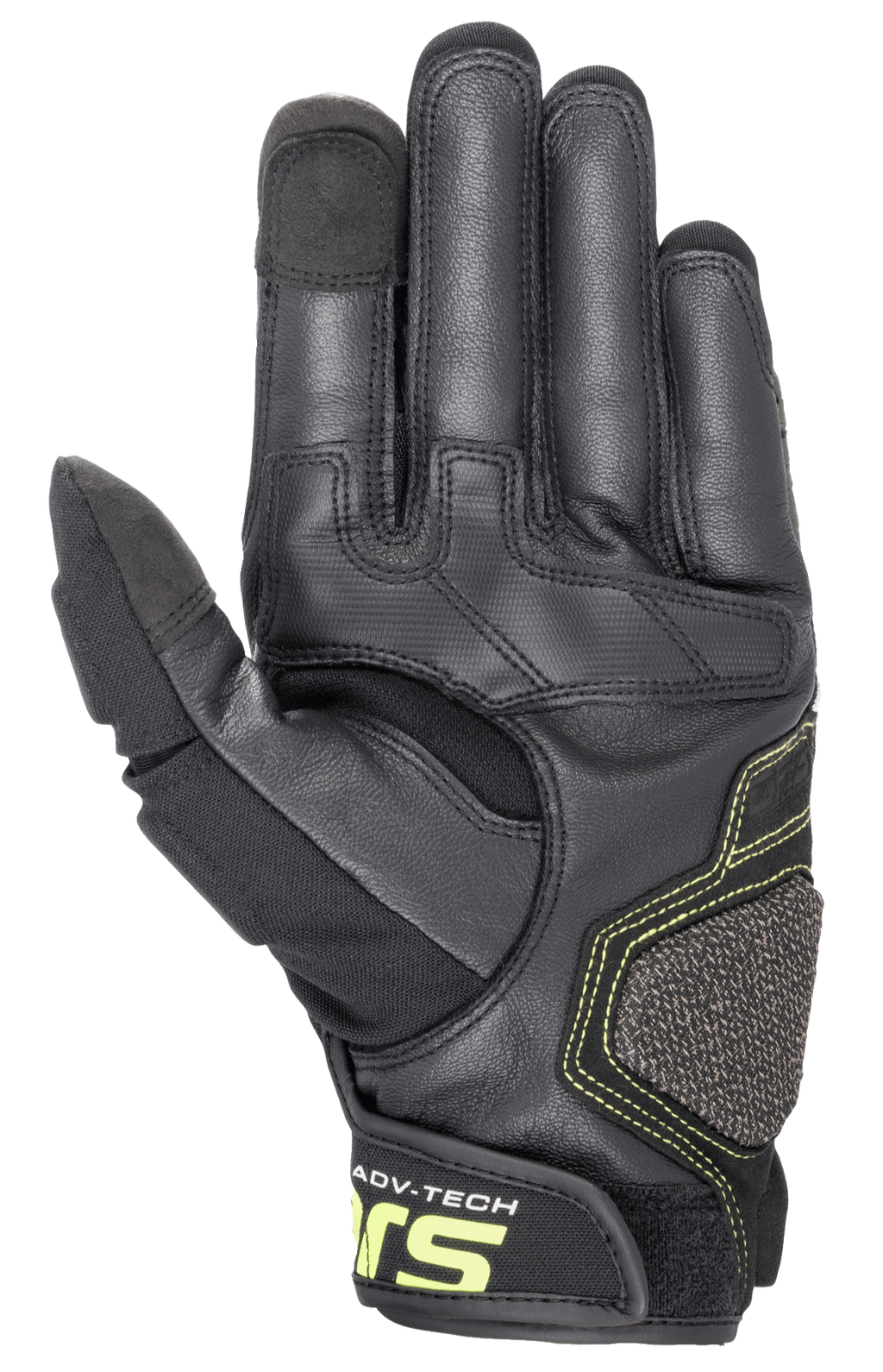 Gants en cuir Alpinestars Halo, gants de moto d'aventure, Forest Black et Jaune Fluo, vue de la paume montrant la construction en cuir renforcé, surpiqûres jaune fluo et extrémités de l'index et du pouce compatibles avec les écrans tactiles.