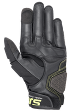 Gants en cuir Alpinestars Halo, gants de moto d'aventure, Forest Black et Jaune Fluo, vue de la paume montrant la construction en cuir renforcé, surpiqûres jaune fluo et extrémités de l'index et du pouce compatibles avec les écrans tactiles.