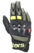 Gants en cuir Alpinestars Halo, gants de moto, noir forêt et jaune fluo, vert olive et noir avec accents jaune fluo, protection des articulations sur-injectée, construction en cuir perforé, style touring aventure