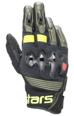 Gants en cuir Alpinestars Halo, gants de moto, noir forêt et jaune fluo, vert olive et noir avec accents jaune fluo, protection des articulations sur-injectée, construction en cuir perforé, style touring aventure