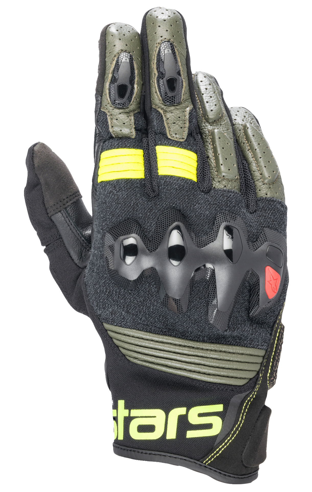 Gants en cuir Alpinestars Halo, gants de moto, noir forêt et jaune fluo, vert olive et noir avec accents jaune fluo, protection des articulations sur-injectée, construction en cuir perforé, style touring aventure