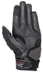 Alpinestars Halo Leather Gloves, Adventure Touring Motorcycle Gloves, Dark Blue and Black, palm side view featuring premium goat leather, rubberized grip zones, ARshield protection pad, and red ADV-TECH lettering on the wrist closure.