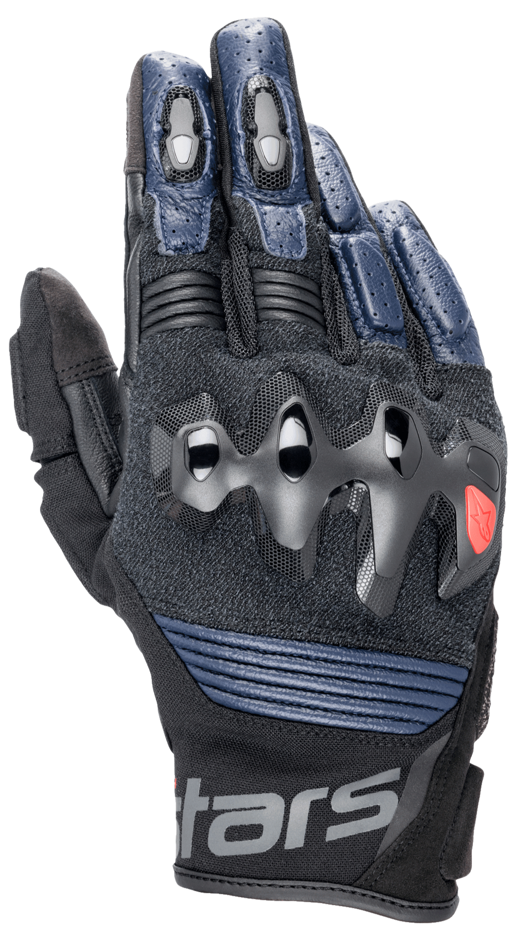 Alpinestars Halo Leather Gloves, Motorcycle Gloves, Dark Blue and Black, featuring over-injected knuckle protection, perforated leather fingers, mesh panels for ventilation, and a short cuff design with Alpinestars branding