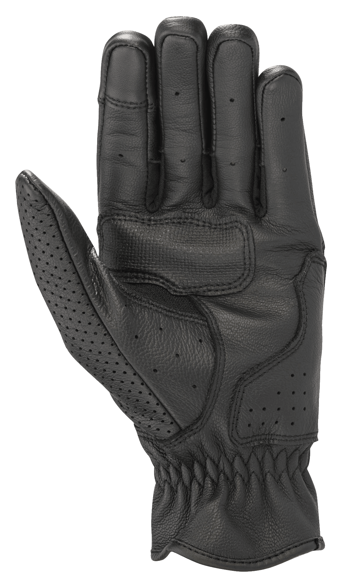 Gants en cuir Alpinestars Rayburn V2, noirs, vue de la paume, construction en cuir premium avec renfort de paume pour l'adhérence, perforations localisées sur les doigts et le pouce, gants de moto urbains d'inspiration vintage
