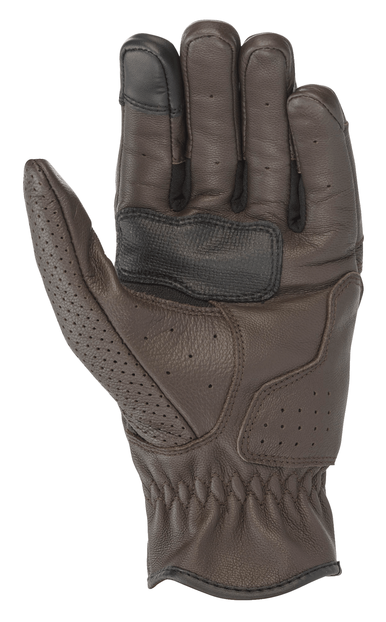 Gants en cuir Alpinestars Rayburn V2, Brun Tabac, vue de la paume, construction en cuir de première qualité avec perforations localisées, paume renforcée pour l'adhérence et bout du doigt compatible avec les écrans tactiles, équipement de moto urbain d'inspiration héritage