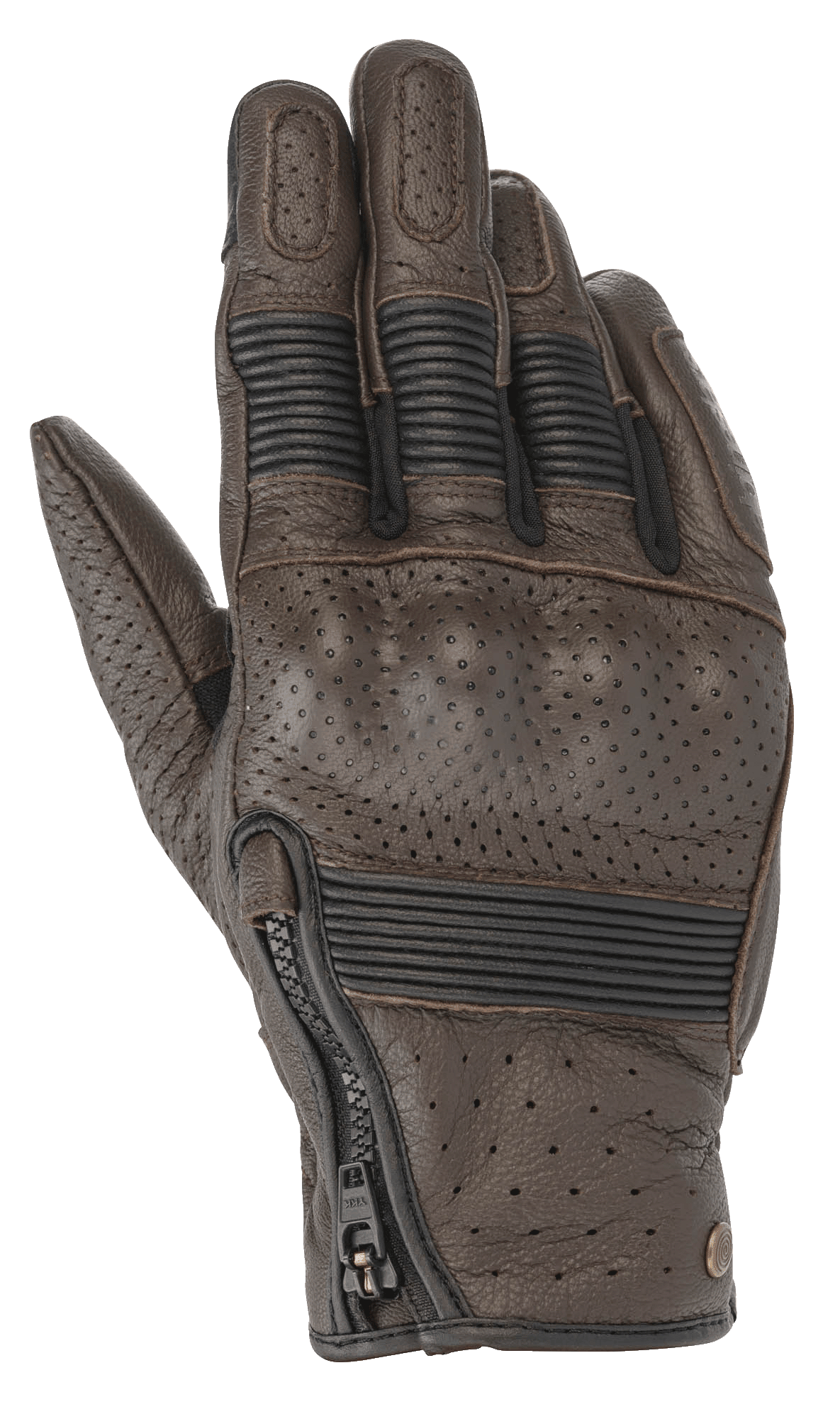 Gants en cuir Alpinestars Rayburn V2, Tobacco Brown, gants de moto en cuir au style inspiré du patrimoine, panneaux perforés, protection rigide des articulations recouverte, inserts extensibles en accordéon sur les doigts, fermeture à glissière latérale