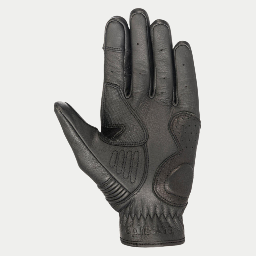 Gants Alpinestars Crazy Eight, gants de moto, noir, vue de la paume montrant la construction en cuir renforcé, panneaux de préhension texturés sur la paume et le pouce, et logo embossé sur la manchette