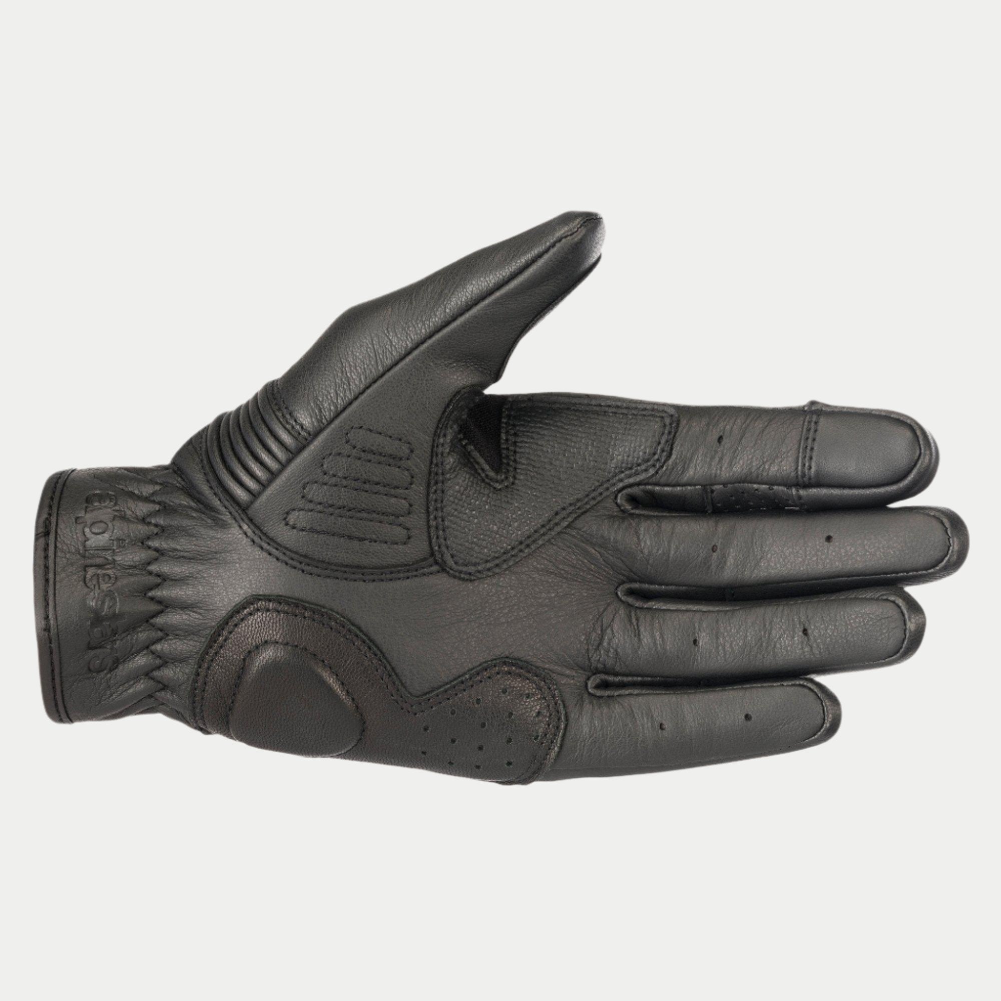 Gants Alpinestars Crazy Eight, gants de moto, noir, vue de la paume montrant la construction en cuir renforcé, panneaux de préhension texturés sur la paume et le pouce, et logo embossé sur la manchette