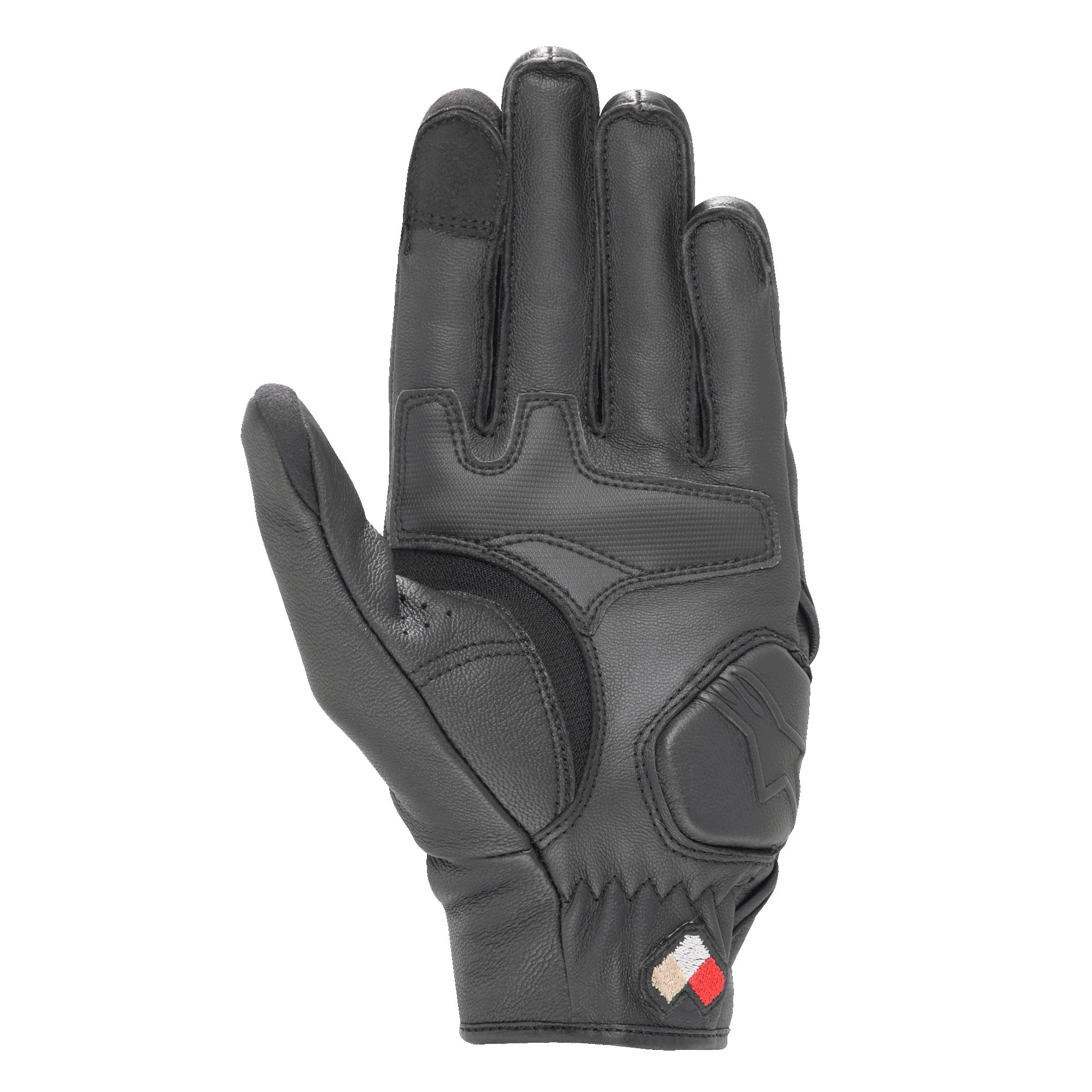 Gants en cuir Alpinestars Dyno, Noir, vue de la paume montrant les renforts rembourrés et la construction en cuir de chèvre, bouts des doigts compatibles avec les écrans tactiles, gants de route à manchette courte pour un usage urbain