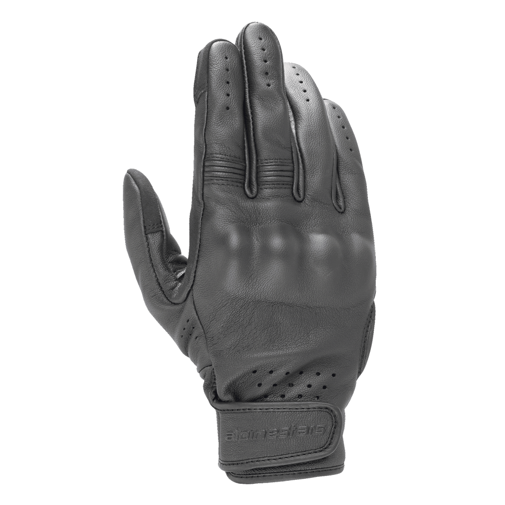 Gants en cuir Dyno Alpinestars, gants de moto noirs, construction en cuir de chèvre avec protection des phalanges recouverte, ventilations perforées sur les doigts et le poignet, fermeture par sangle Velcro, design urbain minimaliste