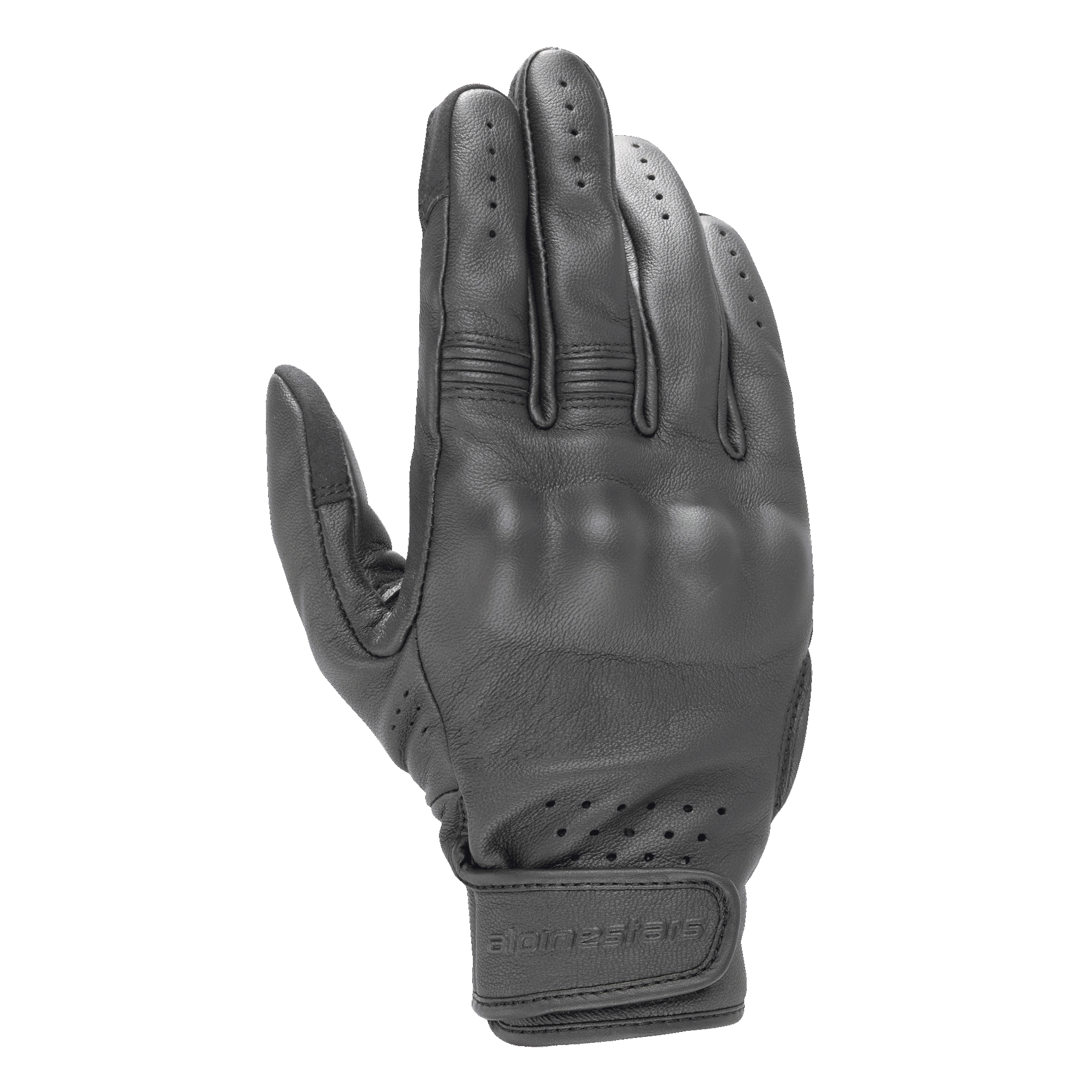 Gants en cuir Dyno Alpinestars, gants de moto noirs, construction en cuir de chèvre avec protection des phalanges recouverte, ventilations perforées sur les doigts et le poignet, fermeture par sangle Velcro, design urbain minimaliste