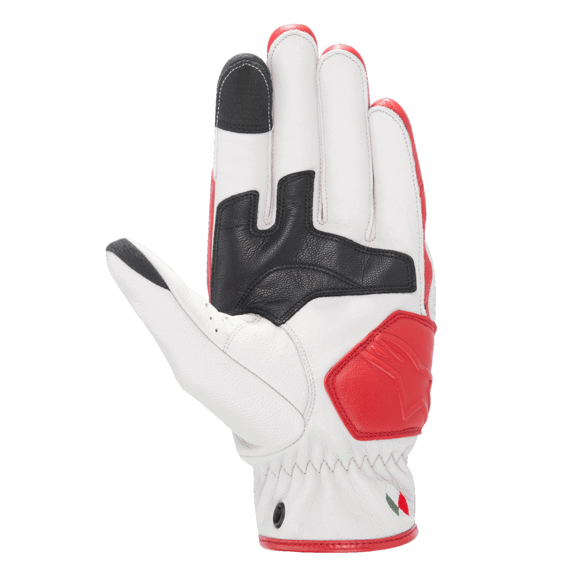 Alpinestars Dyno Leather Gloves, Leather Motorcycle Gloves, Ecru and Ruby Red, palm side view featuring black leather reinforcements, red padded landing zone, touchscreen-compatible fingertips on index and thumb, durable goat leather construction for urban riding.