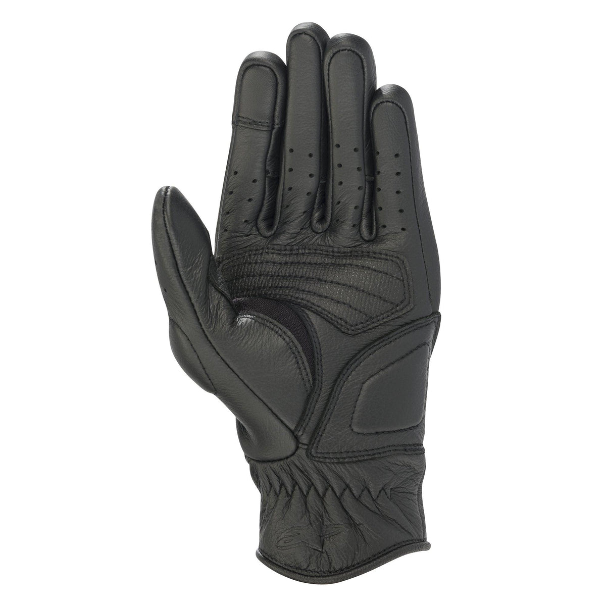 Gants femme Alpinestars Stella Vika V2, gants de moto en cuir noir, vue de la paume montrant le rembourrage renforcé, les doigts perforés pour la circulation de l'air et une conception à manchette courte