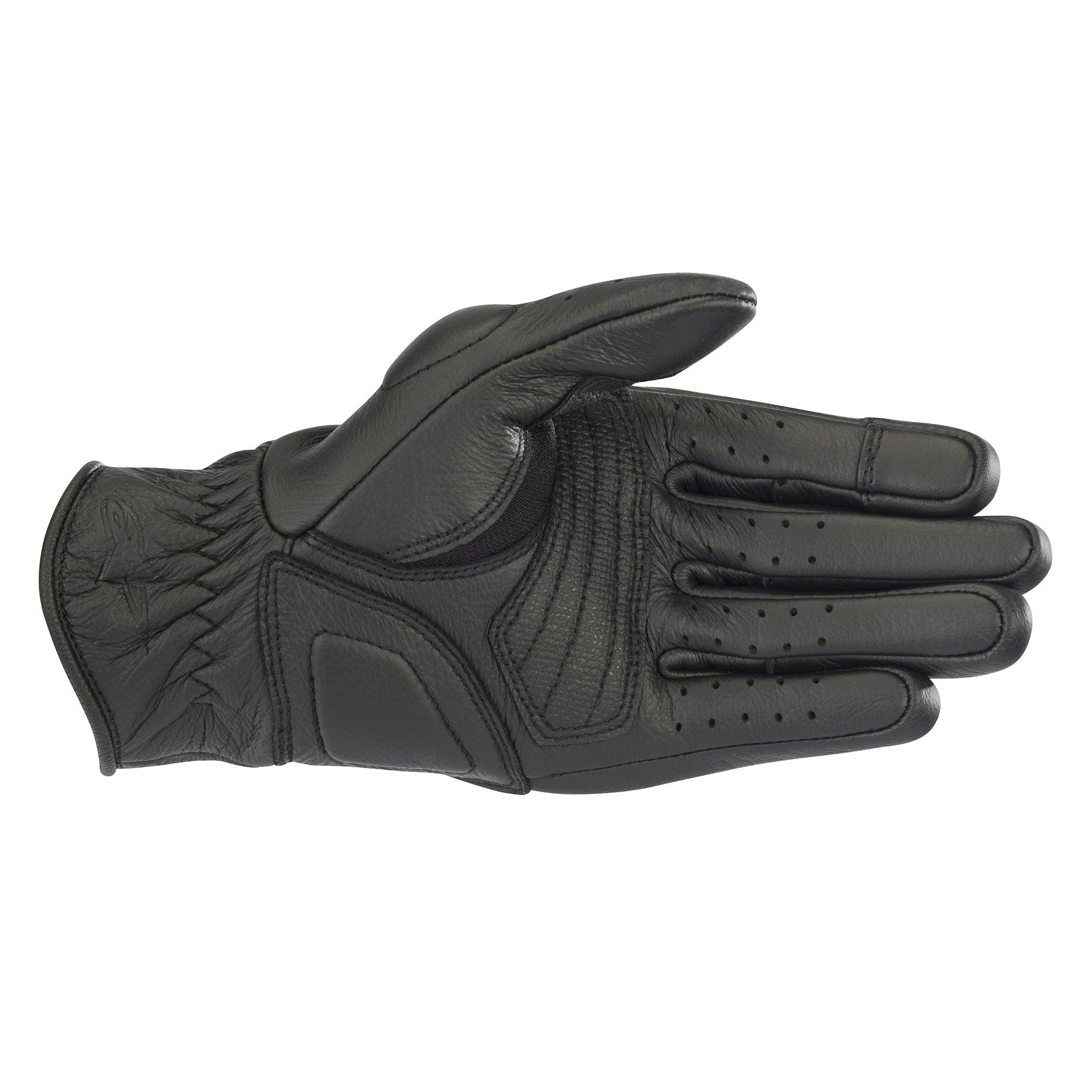 Alpinestars Women Stella Vika V2 Gloves, Black Leather Motorcycle Gloves, palm side view showing reinforced padding, perforated fingers for airflow, and short cuff design